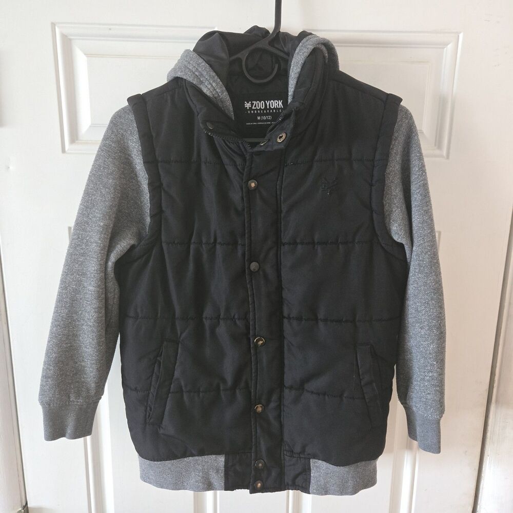 Zoo York Boys Hooded Puffer Jacket Black Gray Snap Zip Coat Youth M 10/12 FLAW
